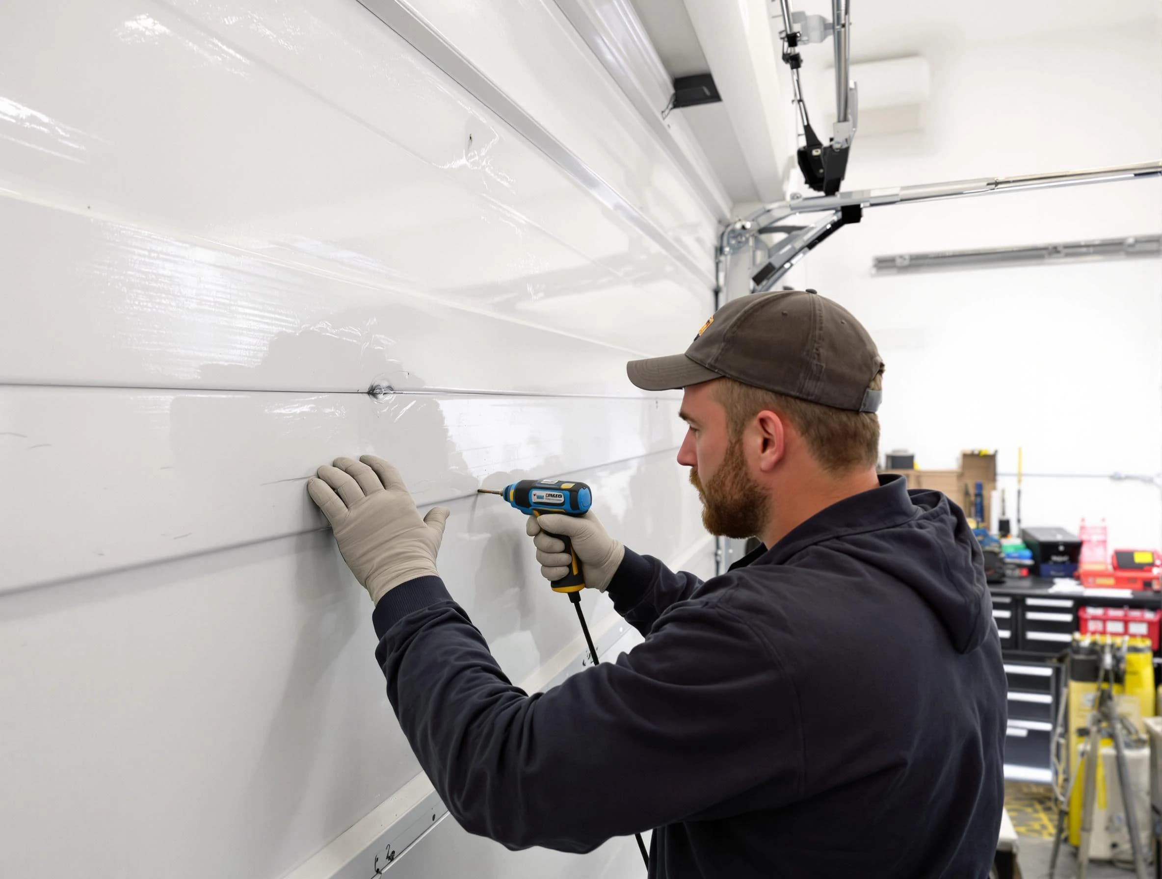 Port Charlotte Garage Door Repair technician demonstrating precision dent removal techniques on a Port Charlotte garage door